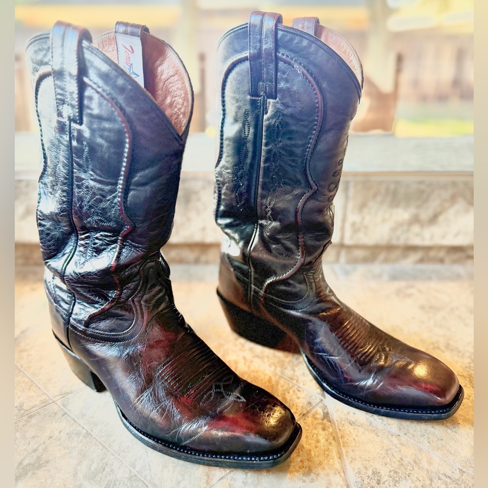Tony Lama Cowboy Boots Mens 27 EE (US 9EE) Black Cherry / Oxblood Square Toe